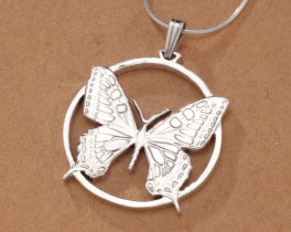 Sterling Silver Butterfly Pendant, Hand Cut Slovakian Butterfly Coin, Butterfly Jewelry, 1 1/4" in Diameter, ( #K 605S )
