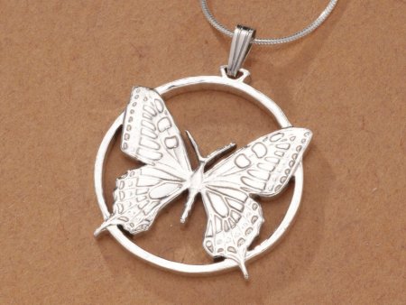 Sterling Silver Butterfly Pendant, Hand Cut Slovakian Butterfly Coin, Butterfly Jewelry, 1 1/4" in Diameter, ( #K 605S )