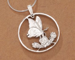 Sterling Silver Butterfly Pendant, Mauritius hand cut coin, 1" in Diameter, ( #K 379S )