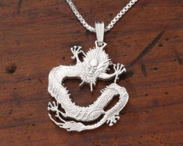 Sterling Silver Chinese Dragon Pendant, Hand Cut Coin, 1" in Diameter, ( #X 72S )