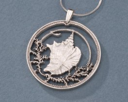 Sterling Silver Conch Shell Pendant, Hand Cut Bahama Conch Shell Coin Jewelry, 1 1/4" in Diameter, ( #K 19S )