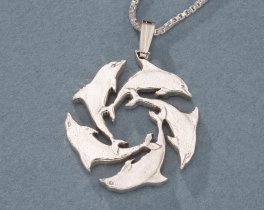 Sterling Silver Dolphin Pendant, Hand Cut Gibraltar Dolphin Coin, Silver Dolphin Jewelry, 1 " in Diameter, ( #X 123S )