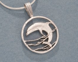 Sterling Silver Dolphin Pendant, Hand Cut Russian 50 Rubles Dolphin Coin, Sea Life Jewelry, 3/4" in Diameter, ( #K 505BS )