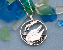 Sterling Silver Dolphin Pendant, Hand cut Silver Dolphin Pendant and Necklace, Silver Sea Life Jewelry, 1 1/8" diameter, ( #X 548s )