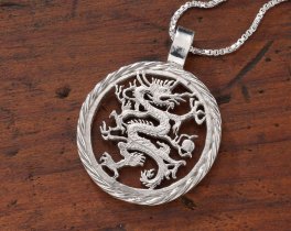 Sterling Silver Dragon Pendant, Hand Cut Liberia Five Dollar Dragon Coin, Mythical Dragon Jewelry, 1 1/8" in Diameter, ( #X 717S )