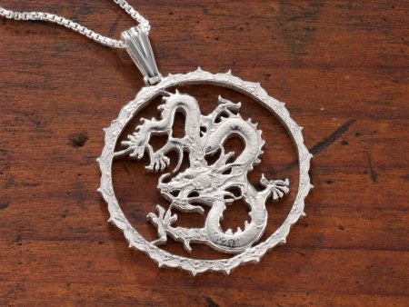 Sterling Silver Dragon Pendant, Hand Cut Sierra Leone One Dollar Dragon Coin, Mythical Jewelry, 1 1/4" in Diameter, ( # 706S )