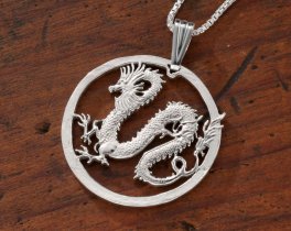 Sterling Silver Dragon Pendant, Hand Cut Somalia Five Dollar Dragon Coin, Mythical Dragon Jewelry, 1 1/4" in Diameter, ( #X 708S )
