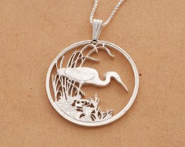 Sterling Silver Egret Pendant, hand cut Egret Coin pendant, Silver Tropical bird Jewelry, 1 1/4" in diameter, ( #X 563S )