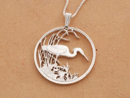 Sterling Silver Egret Pendant, hand cut Egret Coin pendant, Silver Tropical bird Jewelry, 1 1/4" in diameter, ( #X 563S )