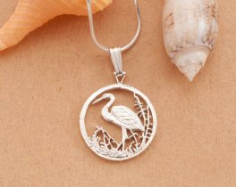 Sterling Silver Egret Pendant, Silver Egret Pendant, Silver Tropical Bird Jewelry, Bird Jewelry, 3/4" diameter, ( # 804BS )
