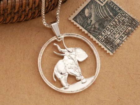 Sterling Silver Elephant Pendant, Hand cut Liberian Elephant coin pendant, Silver Elephant Jewelry, 1" diameter, ( #X 376S )