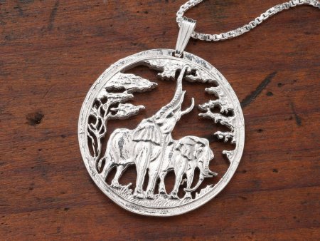 Sterling Silver Elephant Pendant, Hand Cut Sterling Silver Zambia Elephant Coin, African Wild Life Jewelry,1 1/4" in Diameter, ( #X 862S )