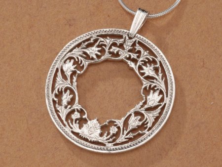 Sterling Silver Floral Wreath Pendant, Hand Cut India One Rupee Flower Coin, Floral Wreath Jewelry, 1 1/8" in Diameter, ( #K 569S )