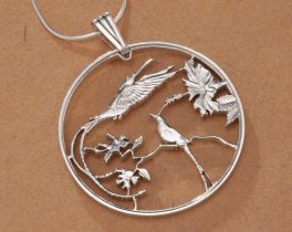 Sterling Silver Hummingbird Pendant, Hand Cut Jamaican 10 Dollar Hummingbird Coin, Hummingbird Jewelry, 1 1/4" in Diameter, ( #K 564S )