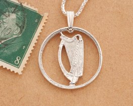 Sterling Silver Irish Harp Pendant, Hand cut Ireland one shilling coin, Ireland Coin Jewelry, 3/4" in diameter ( #X 171S )