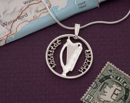 Sterling Silver Irish Harp Pendant, Hand Cut Irish One Shilling Coin, 7/8" in Diameter , ( #K 175S )