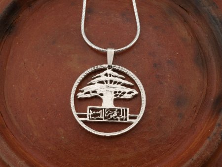 Sterling Silver Lebanese Cedar Tree Pendant, Hand Cut Lebanese 50 Piastres Cedar Tree Coin, Lebanese Jewelry, 1" in Diameter, ( # 608S )