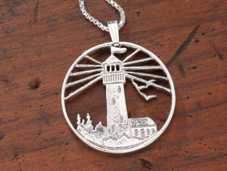 Sterling Silver Lighhouse Pendant, Hand Cut Sterling Silver Lighthouse Medallion, 1 1/8" in Diameter, ( # 759S )