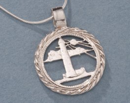 Sterling Silver Lighthouse Pendant, Hand Cut Barbados Five Cent Lighthouse Coin, Nautical Jewelry, 7/8" in Diameter, ( #K 721S )