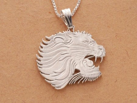 Sterling Silver Lion Pendant and Necklace, Hand Cut Ethiopian Lion Coin, African Wild life Jewelry, 1 1/8" in Diameter, ( #X 459S )