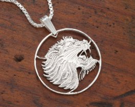 Sterling Silver Lions Head Pendant, Hand Cut Ethiopian Lion Coin, Silver African Lion Jewelry, African Wild Life Jewelry  ( #X 95S )