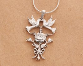 Sterling Silver Love Bird Pendant, Hand cut sterling Silver Rose and Love Birds Pendant, Lovers Jewelry, 1 3/4" X 1"  ( #K 586S )