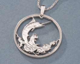 Sterling Silver Marlin Pendant, Hand Cut Bahama 50 Cents Marlin Coin Jewelry, 1" in Diameter, ( # 20S )