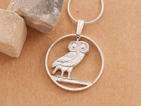 Sterling Silver Owl Pendant and Necklace, Hand cut Greek two draxmai Owl coin. Greek coin jewelry, 7/8" in diameter, ( #K 143S )