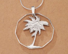 Sterling Silver Palm Tree Pendant, Hand Cut Philippines Palm Tree Coin, Silver Palm Tree Jewelry, 1 1/4" in Diameter, ( #K 250S )