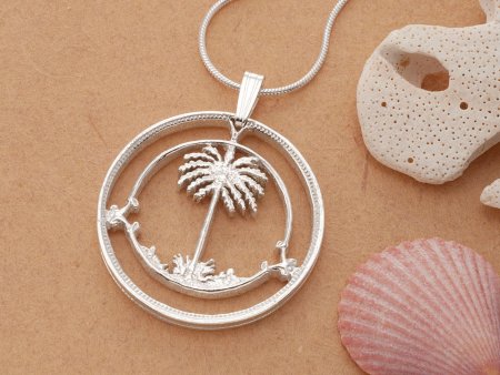 Sterling Silver Palm Tree Pendant, Silver Palm Tree Jewelry, Hand Cut Coin Jewelry, Palm Tree Pendant, 1 1/8" in Diameter, ( #K 834S )