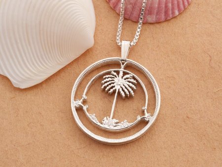 Sterling Silver Palm Tree Pendant, Silver Palm Tree Jewelry, Hand Cut Coin Jewelry, Palm Tree Pendant, 1 1/8" in Diameter, ( #K 834S )