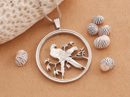 Sterling Silver Scarlet Macaws Pendant and Necklace, Hand cut Belize one dollar coin, Tropical Bird Jewelry, 1 1/4" in Diameter, ( #X 32S )