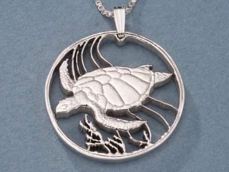 Sterling Silver Sea Turtle Pendant, Hand Cut Bermuda One Dollar Turtle Coin Jewelry, 1 1/4" in Diameter, ( #X 37S )