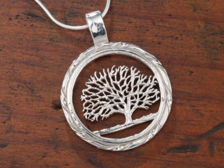 Sterling Silver Tree Of Life Pendant, Hand Cut Connecticut State Quarter Coin Pendant, 1" in Diameter, ( #K 720S )