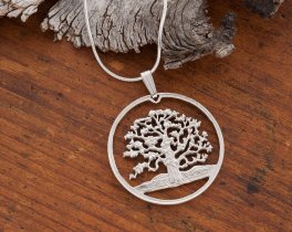 Sterling Silver Tree of Life Pendant, Hand cut Silver Tree of Life Coin Jewelry, Tree of Life Jewelry, 1 1/8" diameter, ( #K 646S )