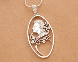 Sterling Silver Victorian Woman Pendant, Sterling Silver Floral Pendant, Silver Cameo Pendant, 1 1/2" long, ( #K 611S )