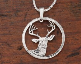 Sterling Silver White Tail Deer Pendant, Hand Cut Belize 100 Dollar White Tail Deer Coin, Wild Life Jewelry, 1" in Diameter, ( #X 650S )