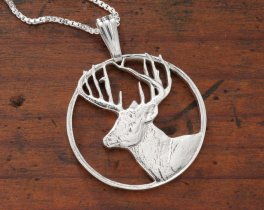 Sterling Silver White Tail Deer Pendant, Hand Cut Sterling Silver White Tail Deer Medallion, 1 1/8" in Diameter, ( #X 802S )