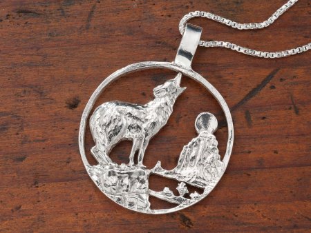 Sterling Silver Wolf Pendant, Hand Cut Sterling Silver Wolf Medallion, Wild Life Jewelry, 1 1/4" in Diameter, ( #X 554S )