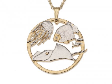 Sting Ray and Jellyfish Pendant, Gibraltar Sea Life Coin Hand Cut, 1 1/8" in Diameter, ( #R 642 )