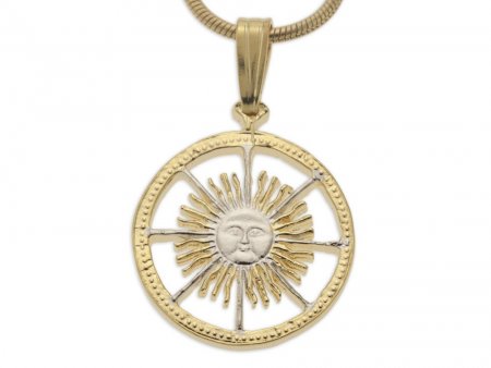 Sun Face Pendant and Necklace, Argentina 5 Peso Sun Face Coin Hand Cut, 14 Karat Gold and Rhodium Plated, 5/8" in Diameter, ( #K 593B )