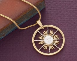 Sun Pendant and Necklace Jewelry, Peruvian Sun Coin hand Cut, 14 Karat Gold and Rhodium Plated, 7/8" in Diameter, ( #K 253 )