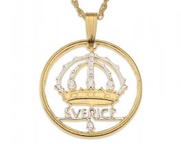 Swedish Crown Pendant and Necklace, Sweden 50 Ore Coin hand Cut, 14 Karat Gold and Rhodium plated, 7/8" in Diameter, ( #R 366 )