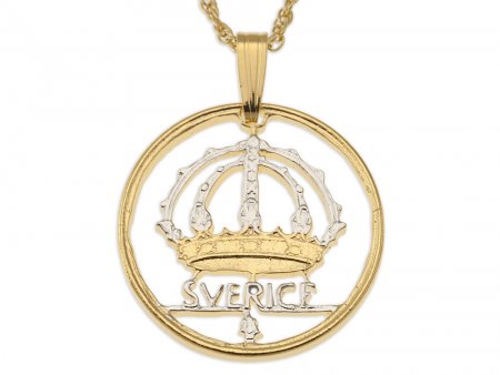 Swedish Crown Pendant and Necklace, Sweden 50 Ore Coin hand Cut, 14 Karat Gold and Rhodium plated, 7/8" in Diameter, ( #R 366 )
