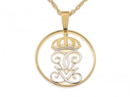 Swedish Crown Pendant and Necklace Sweden Two Ore Coin Hand Cut, 14 Karat Gold and Rhodium plated, 7/8" in Diameter, ( #R 282 )