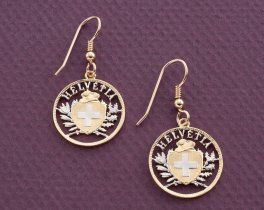Switzerland Royal Crest Earrings, Switzerland Two Rappen Coin Hand Cut, 14 Karat Gold and Rhodium Platted, 3/4" in Daimeter, ( # 292E )
