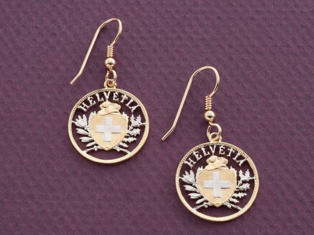 Switzerland Royal Crest Earrings, Switzerland Two Rappen Coin Hand Cut, 14 Karat Gold and Rhodium Platted, 3/4" in Daimeter, ( # 292E )