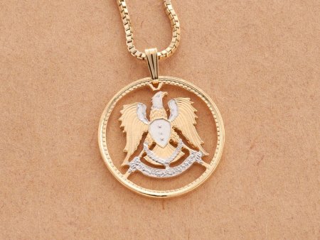 Syrian Eagle Pendant and Necklace, Syrian One Pound Eagle Coin Hand Cut, 14 Karat Gold and Rhodium Plated, 1" in Diameter, ( # 900 )