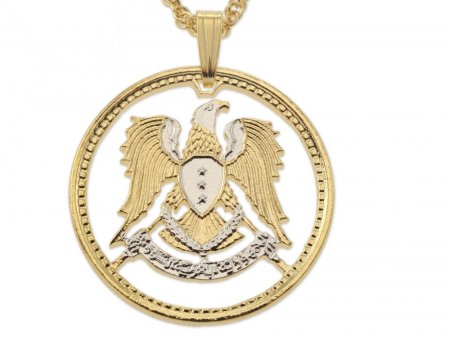 Syrian Eagle Pendant and Necklace, Syrian One Pound Eagle Coin Hand Cut, 14 Karat Gold and Rhodium Plated, 1" in Diameter, ( # 900 )