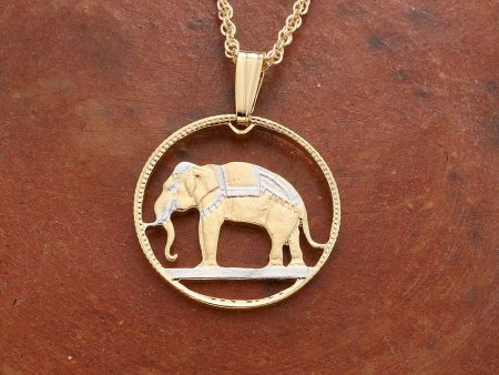 Thailand Elephant Pendant and Necklace, Thailand Elephant Coin Hand Cut, 14 K Gold and Rhodium plated, 3/4" in Diameter, ( #R 297 )